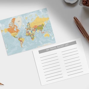 Mini Global World Map Art A5-Karte mit Travel Bucket List auf der Rückseite, Retro Vintage World Travel Map
