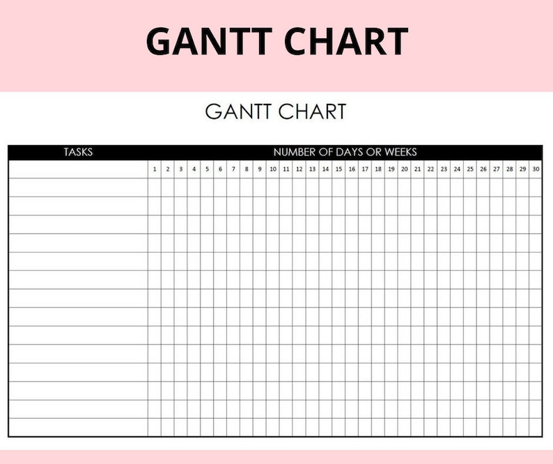 Puede incluir: Un diagrama de Gantt en blanco y negro con las palabras "GANTT CHART" en la parte superior. El diagrama tiene una columna para las tareas y una fila para cada d&iacute;a o semana. El diagrama est&aacute; numerado del 1 al 30.