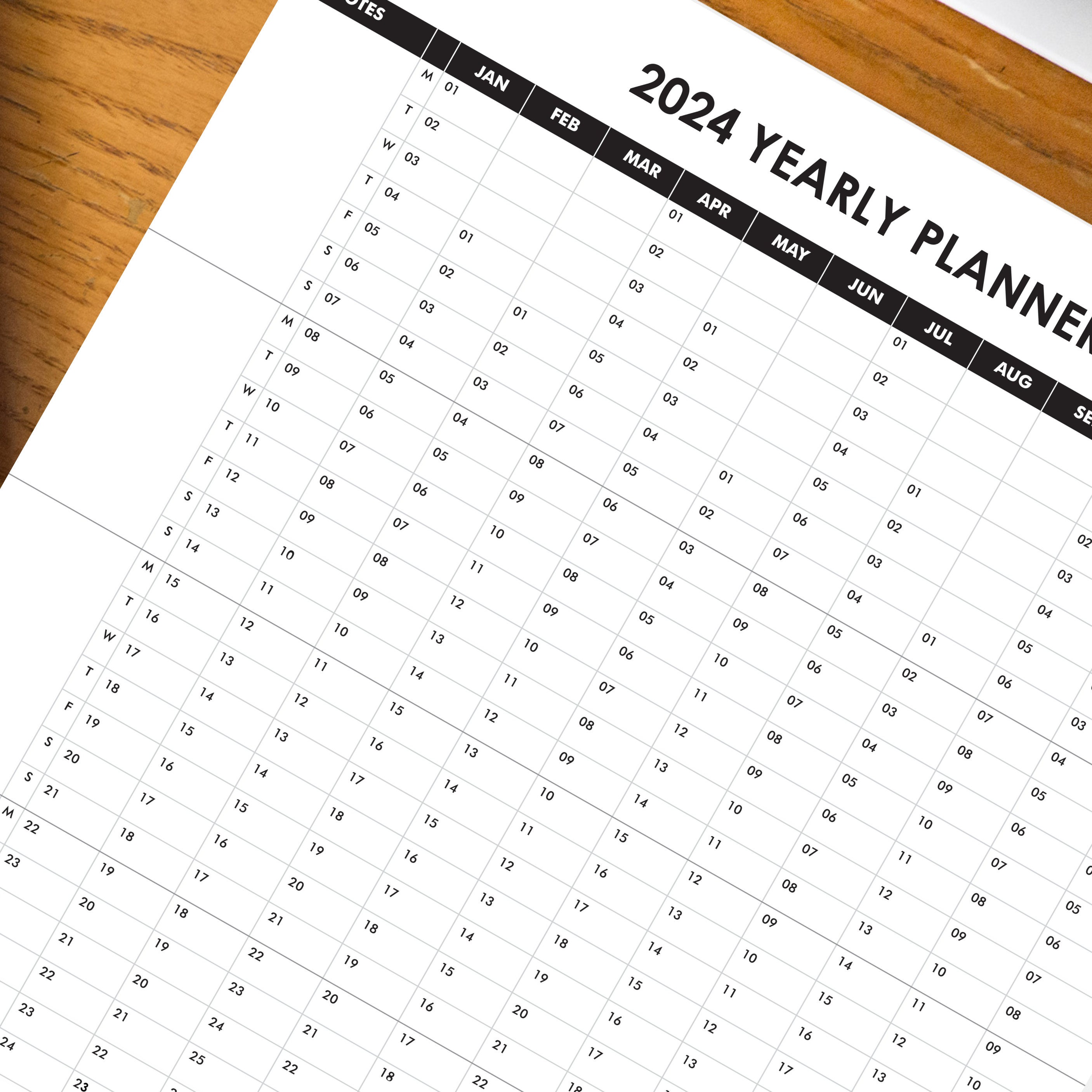 2024 Printable Yearly Wall Planner in Black, Large Digital Wall ...