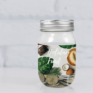Money Saving Glass Jar with Coin Slot Lids and options having Travel Holiday Fund, Shopping Fund, Coffee Fund and Beer Fund Saving labels