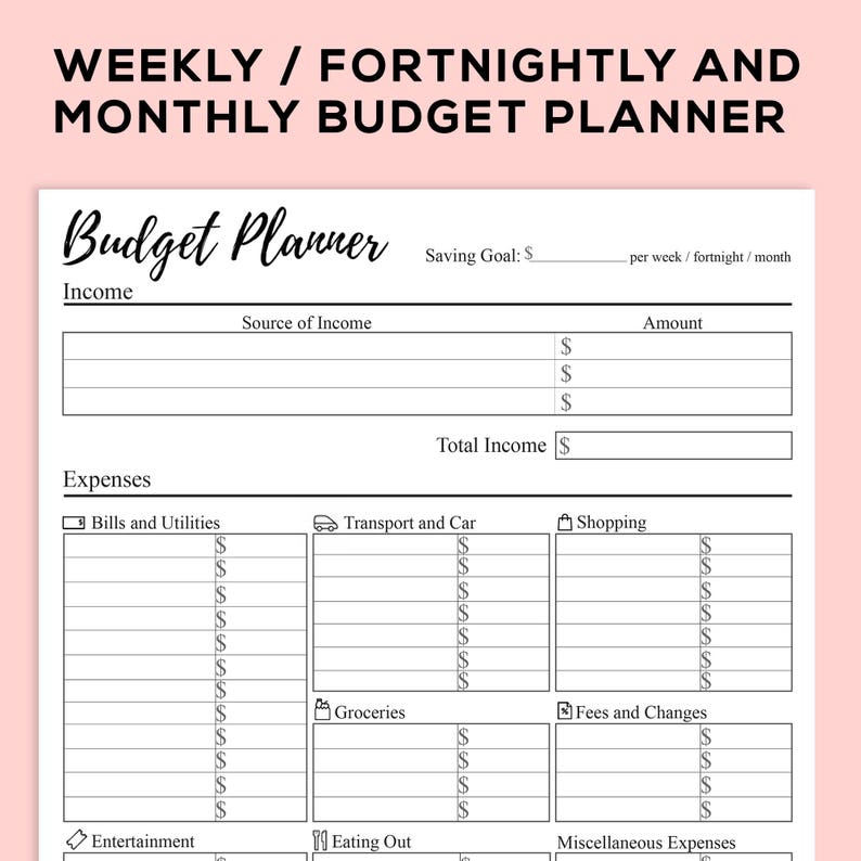 Printable Budget Planner for Weekly Fortnightly and Monthly | Etsy