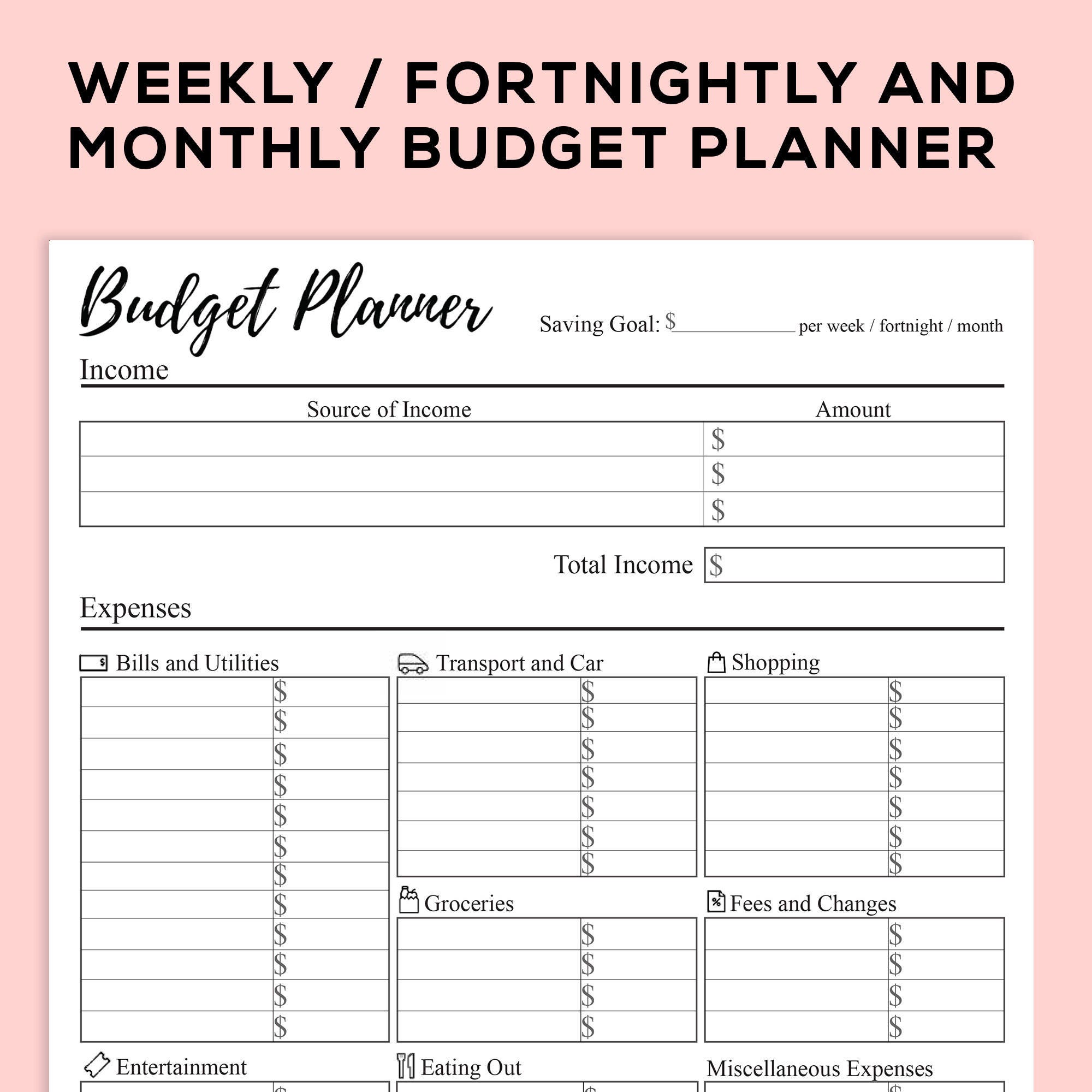 Buy Printable Budget Planner for Weekly, Fortnightly, and Monthly Use ,  Expense Income and Saving Tracker Budget Sheet With Notes Online in India 