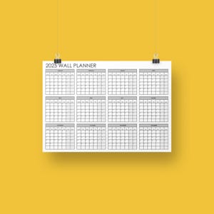 2025 Printable Wall Planner in black, Large Digital Wall Calendar, Students and Office Planner for instant download