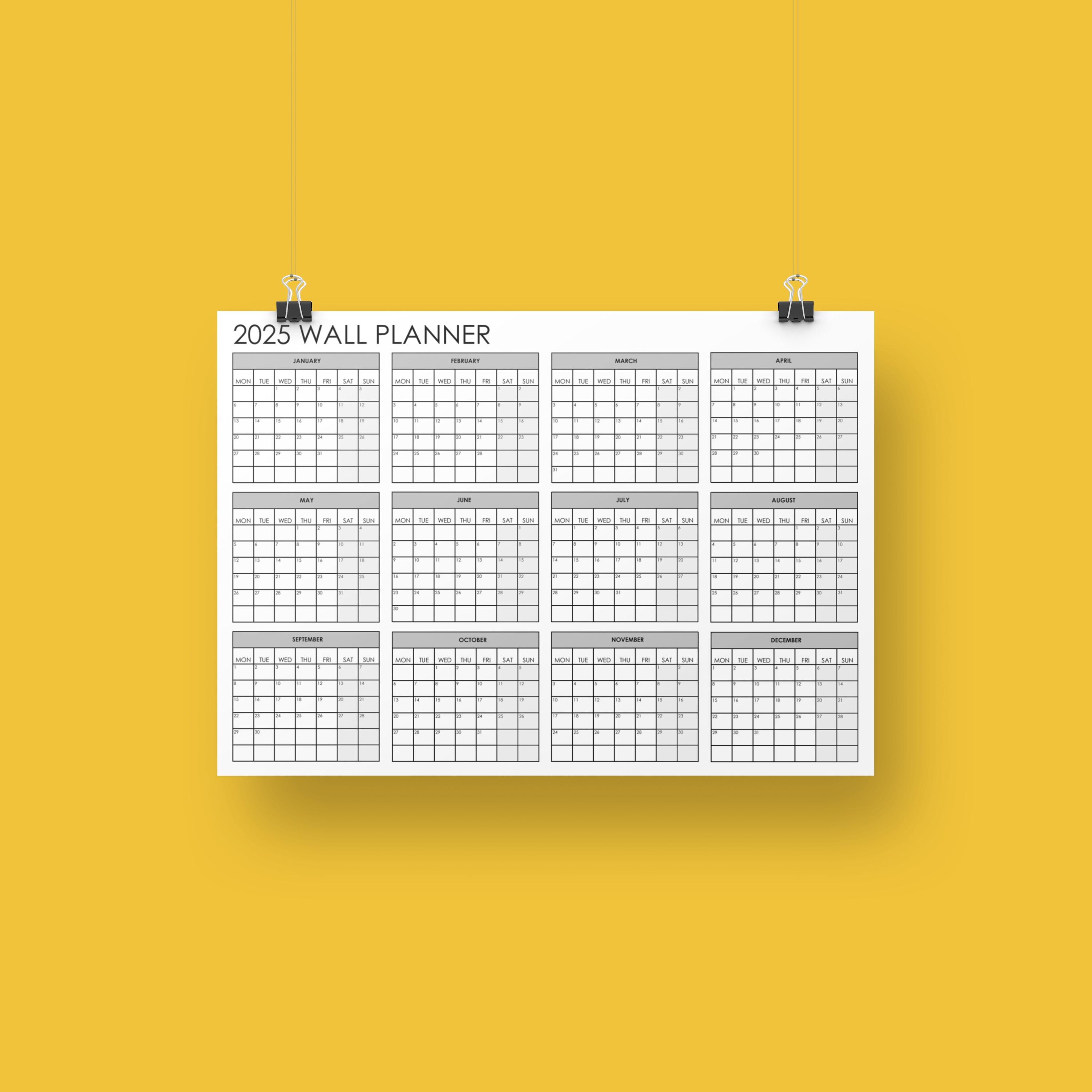 2025 Printable Wall Planner in Black, Large Digital Wall Calendar