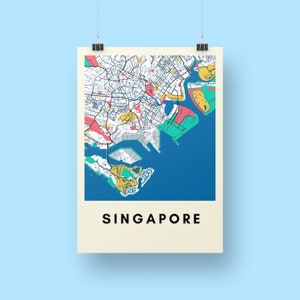 Impressão do mapa da cidade de Singapura - pôster de mapa multicolorido tamanho A3