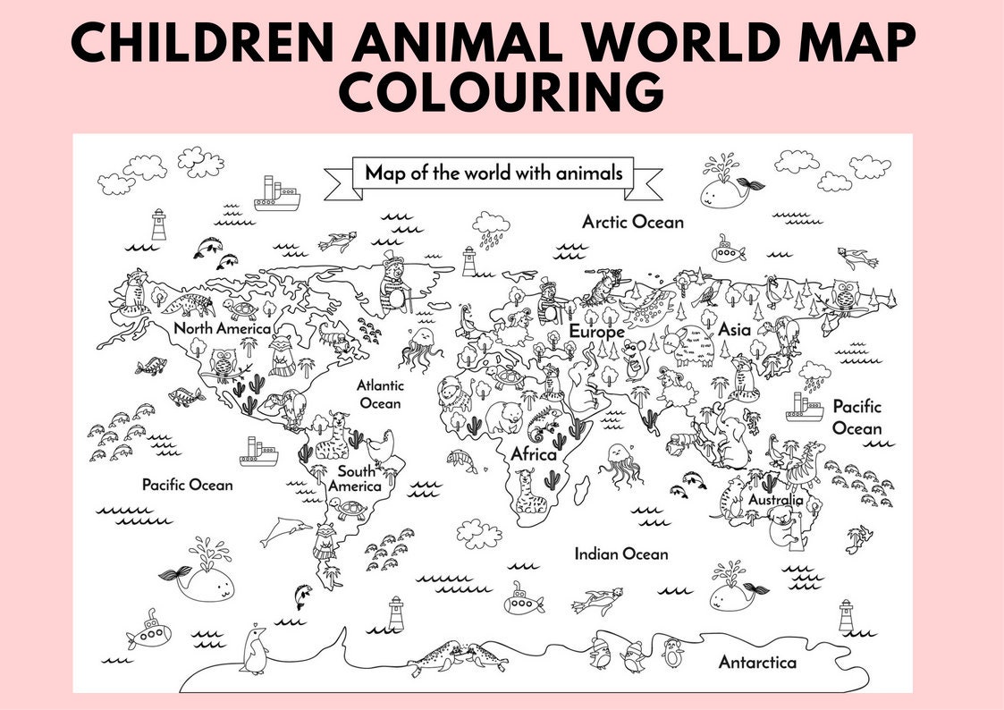 printable animal kids world map children body coloring poster etsy