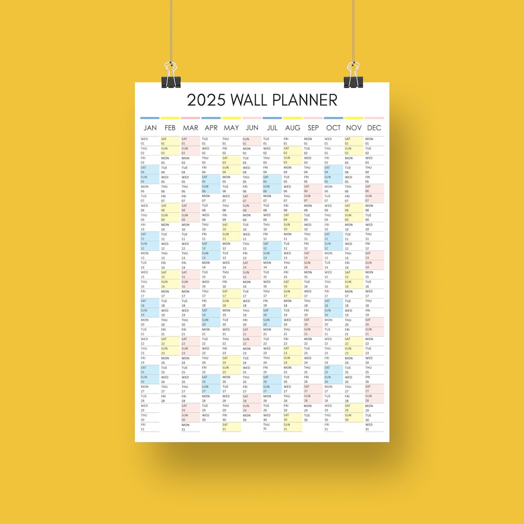 2025 Printable Wall Planner Multicoloured, Large Digital Wall Calendar