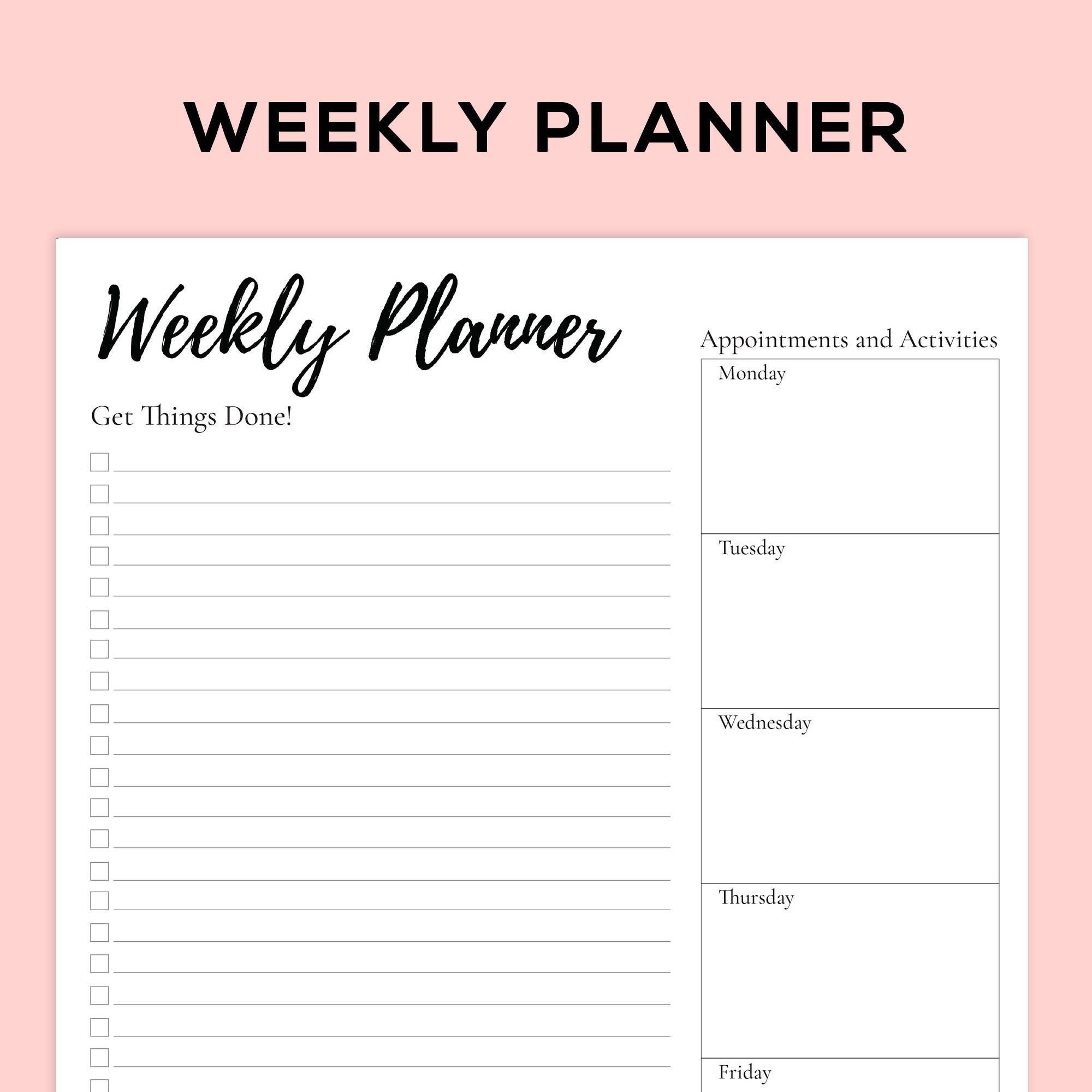 Weekly Wall Planner Agenda To Do List in Black Colour to plan Etsy