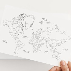 Globale Weltkarte in Schwarzweiß zum Ausmalen, mit Travel Bucket List auf der Rückseite, A5-Format zum Nachfüllen