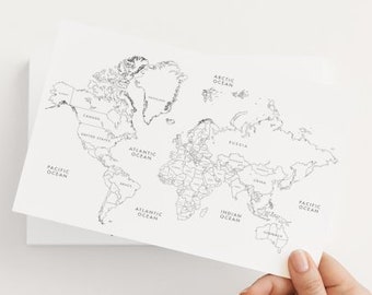 May include: A black and white outline world map with country borders and ocean labels. The map includes the Arctic Ocean, Pacific Ocean, Atlantic Ocean, and Indian Ocean.