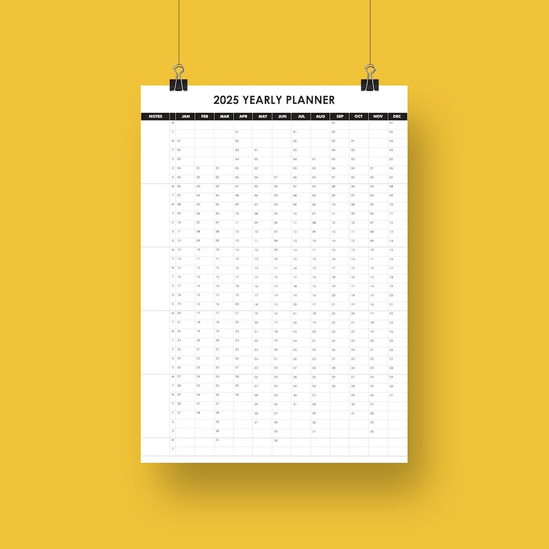 2025 Printable Yearly Wall Planner in Black, Large Digital Wall ...