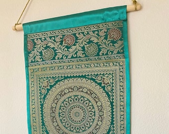 Wall Decor Green Wall Hanging Decorative Organizer Mail Holder Letter Holder Silk Tapestry Mandala Decor Indian Gift Ready to hang Boho Gift