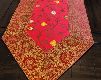 Red Brocade Table Runner with Embroidered Center, Festive Decor