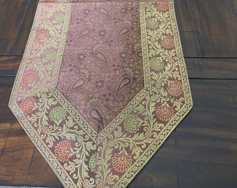 Hand-Loomed Brocade Table Runner: Brown, Gold Paisley Design