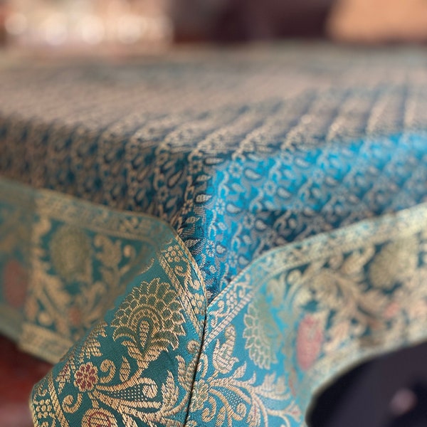 Table Cloth Teal Table Cover Wall Tapestry Silk 40 X 40 Inch Green Gold Puja Cloth Square Table Cloth Brocade Table Cover Temple Cloth Silk