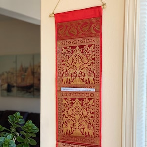 Wall Decor Red Wall Hanging Decorative Organizer Mail Letter Holder Silk Tapestry Elephant Decor Indian Decor Peacock Ready to Hang Gift