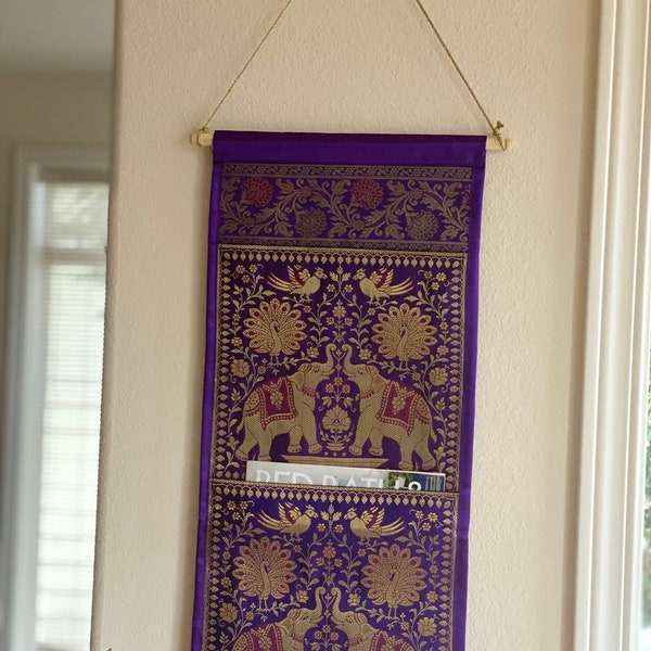 Wall Hanging Purple Decorative Organizer Mail Letter Holder Silk Tapestry 2 Pocket Elephant Decor Peacock Ready to hang Indian Decor Gift