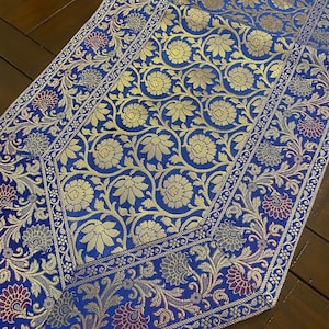 Table Runner Blue Table Decor Brocade 14 X 80 Inch Runner Silk Runner Blue Gold Indian Decor Transitional Home Decor Gift Royal Blue Decor
