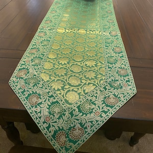 Table Runner Green Table Decor Brocade 14 X 80 Inch Runner Silk Formal Runner Green and Gold Color Indian Decor Home Decor Gift Transitional
