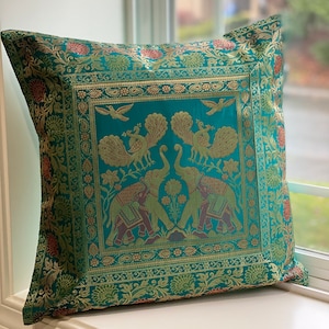Decorative Pillow Cover Green Pillow Case Cushion Cover Silk Brocade 17 inch Cover 18 Inch Pillow Elephant Peacock Green Indian Decor Gift