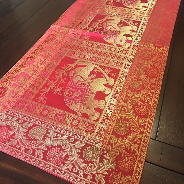 Table Runner Red Wall Tapestry Brocade 60 Inch Runner 70 Inch Runner Silk Runner Red and Gold Runner Elephant Decor Gift Indian Decor Gift