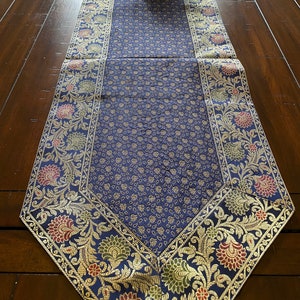 Blue Brocade Table Runner, Art Silk, Indian Decor (14 X 80 Inches)