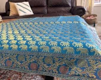 Elefant Brokat quadratische Tischdecke, indisches Puja-Tuch, Altarteppich, blaue Tischdecke (40x40 Zoll)