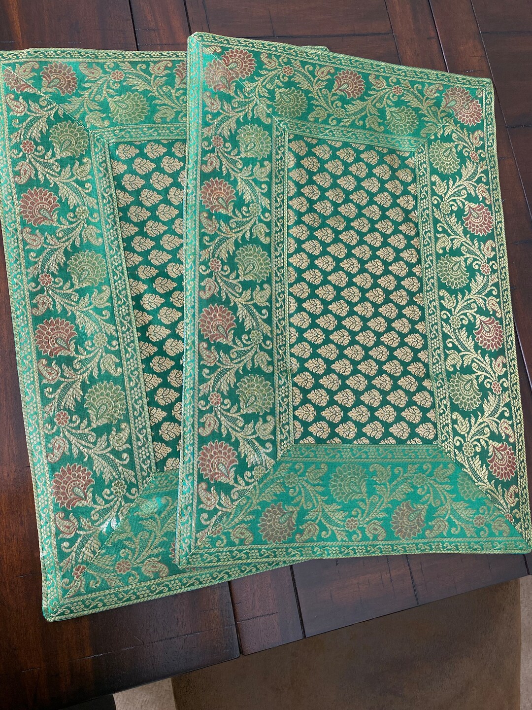 Table Placemat Green Table Silk Table Decor Placemat 12 X 18 Inch Brocade Placemat Green and