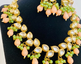 Kundan Polki Stone Indisches Schmuckset - Vergoldete Hochzeitshalskette