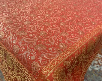 Red Table Cloth, Maroon Cover, Wall Tapestry, Silk, 40 X 40 Inches, Red and Gold, Puja Cloth, Square, Brocade, Temple Cloth, Indian, Paisley