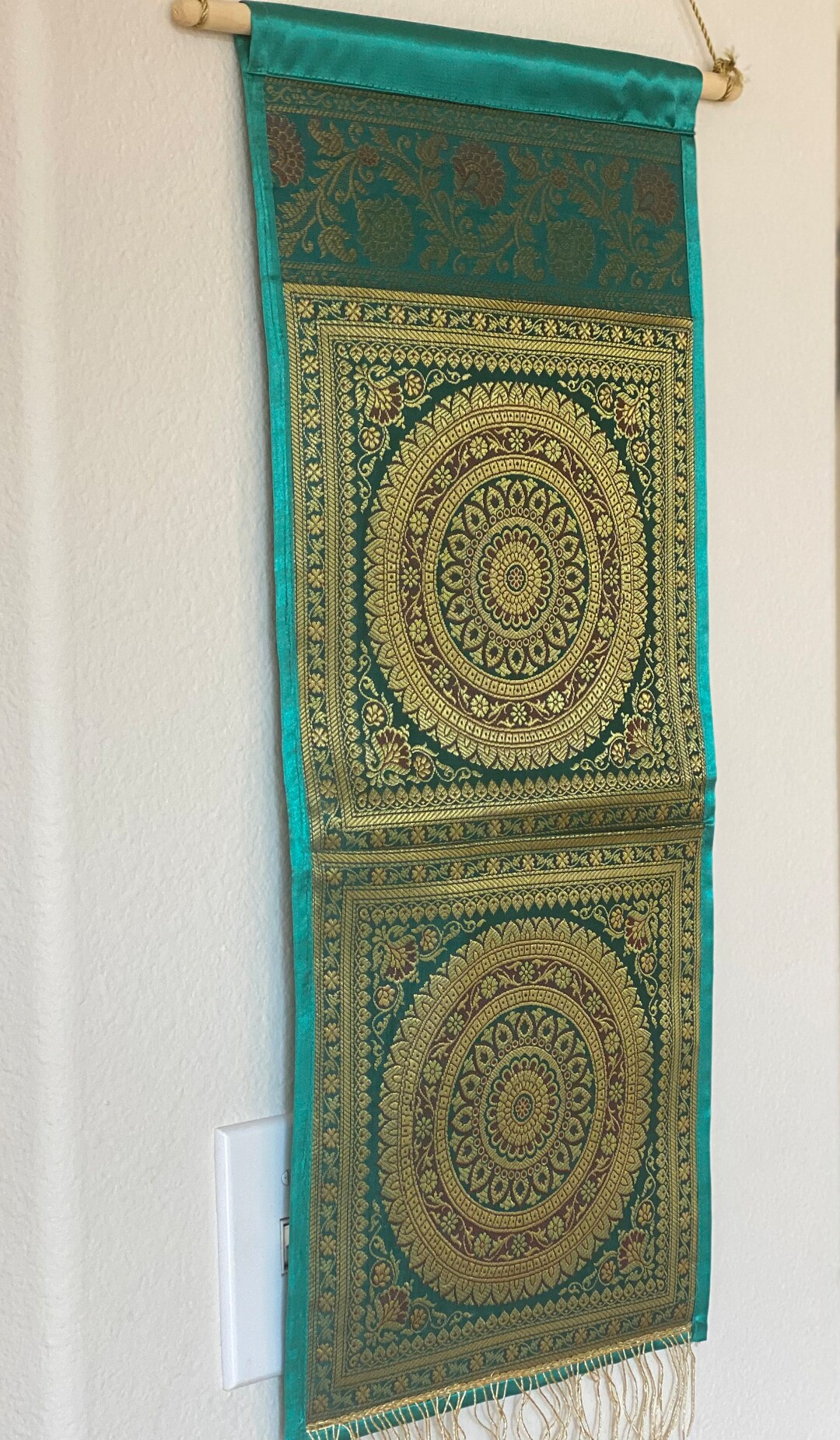 Art Silk Mandala Wall Hanging: Green & Gold, Boho Decor, Hanging