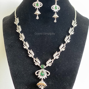 Emerald Necklace Set Bridesmaid Jewelry Cubic Zirconium Set American Diamond Set White Gold Indian Jewelry CZ Stone Wedding Jewelry Diamond