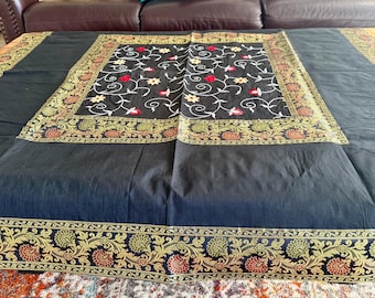 Brocade Tablecloth 50" Square - Black & Gold Floral Embroidery, Boho Decor