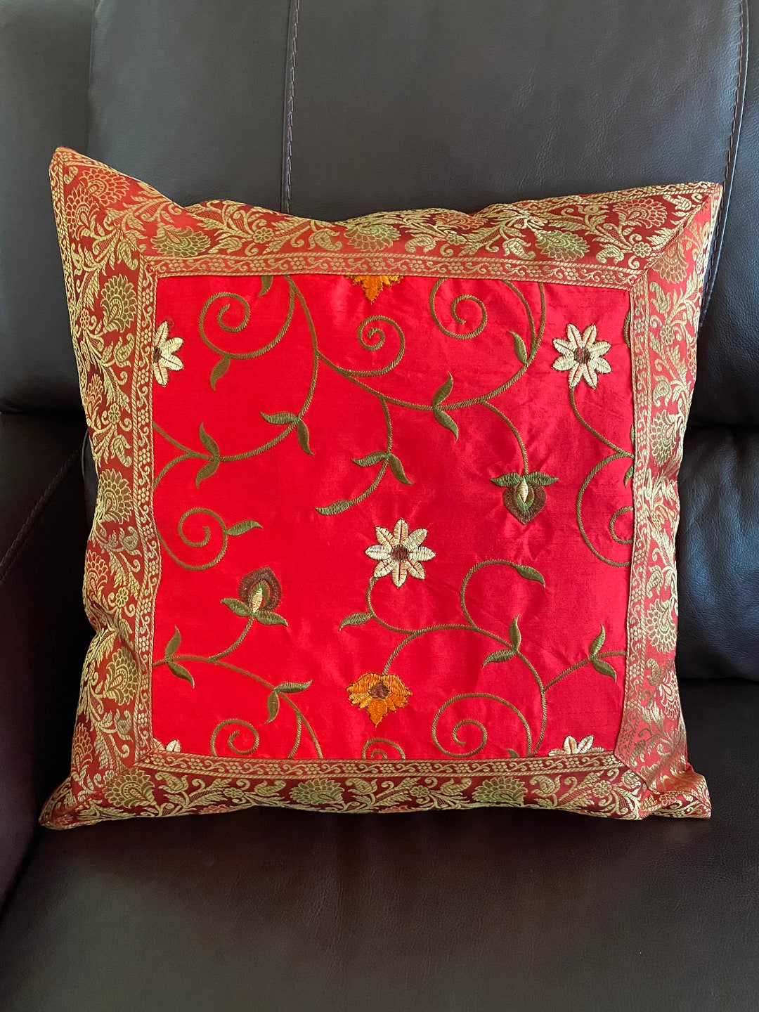 Decorative Pillow Cover, Red Pillow Case, Silk, Brocade, 18 Inch Cover