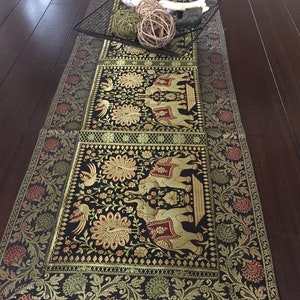 Table Runner Silk Tapestry Brocade Runner 60 Inch 70 Inch Runner Black Runner Formal Elephant Decor Peacock Black and Gold Indian Decor Gift