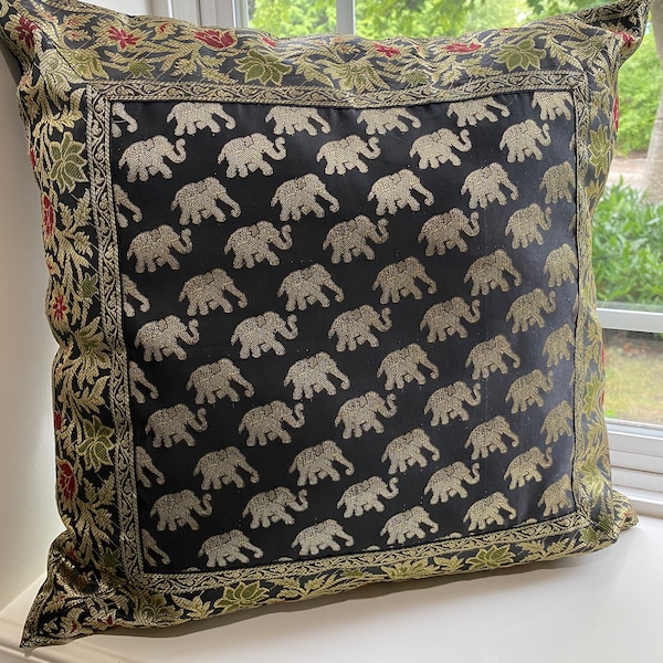 Decorative Pillow cover, Pillow Cases, Cushion, Silk, Brocade, Beautiful, 18 inch cover (For 20 inch Insert), Elephant design,Black and Gold