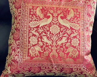 Pillow cover Red Pillow Cases Cushion Cover Silk Throw Pillow Brocade Indian Decor Beautiful Formal 18 Inch Pillow Bohemian Decor Gift