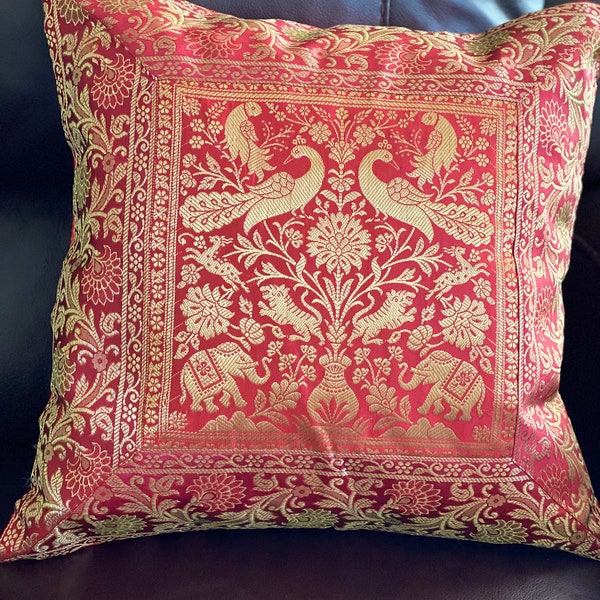 Pillow cover Red Pillow Cases Cushion Cover Silk Throw Pillow Brocade Indian Decor Beautiful Formal 18 Inch Pillow Bohemian Decor Gift