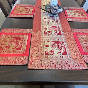 Dining Table Decor Set Red Table Runner and 4 Table Place mat Brocade Formal Silk Runner Wedding Housewarming Gift Party Decor Gift for Host