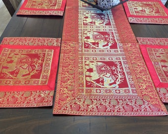 Red Silk Table Runner and Placemats Set, Brocade Elephant Design
