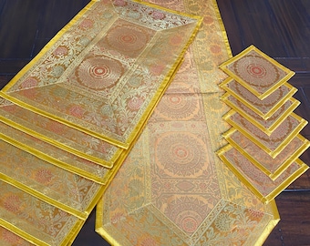 Dining Table Set Silk Table Runner 6 Place mat Gold 6 Coaster Perfect for 6–8-Seater Table Housewarming Gift Gold Party Decor Gift for Host