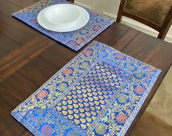 Table Place Mat Table Setting Table Decor Silk Mat 12 X 18 Inch Brocade Place Setting Blue and Gold Puja Mat Indian Decor Formal Dining Gift