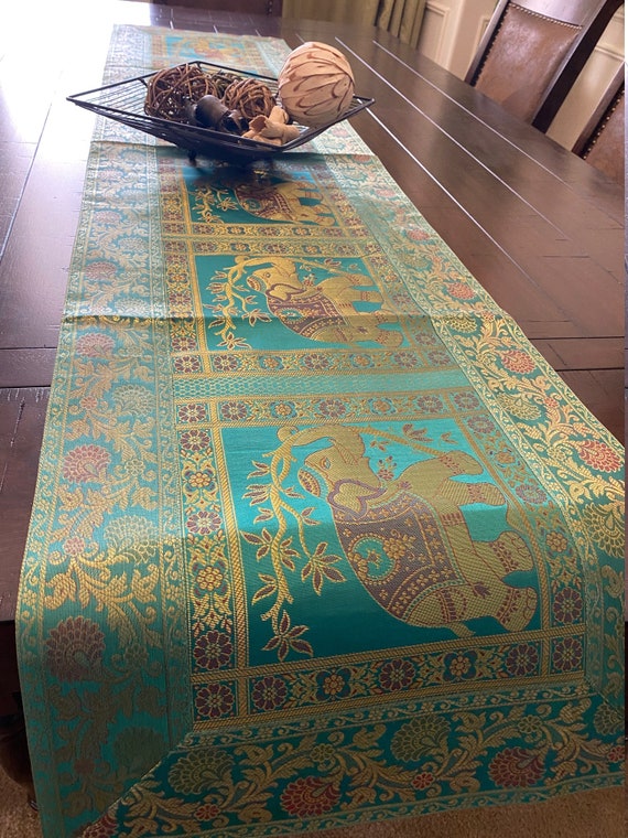 Table Runner Green Wall Tapestry Formal Table Silk 60 Inch Runner Turquoise Runner 70 Inch Runner Elephant Decor Party Wedding Indian Decor Etsy UK
