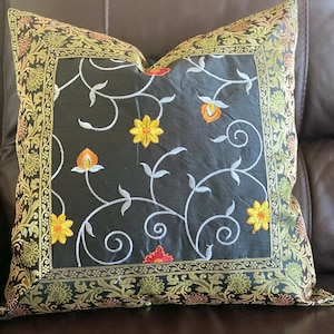 Pillow Cover Black Pillow Case Silk Brocade 18 inch Cover For 20 Inch Pillow Embroidery Throw Pillow Floral Bohemian Pillow Art Decor Gift