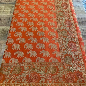 Orange Table Cloth, Elephant Table Cover, Wall Tapestry, Silk, 40 X 40 Inches, Puja Cloth, Square, Brocade,Temple Cloth, Indian Decor, Gold