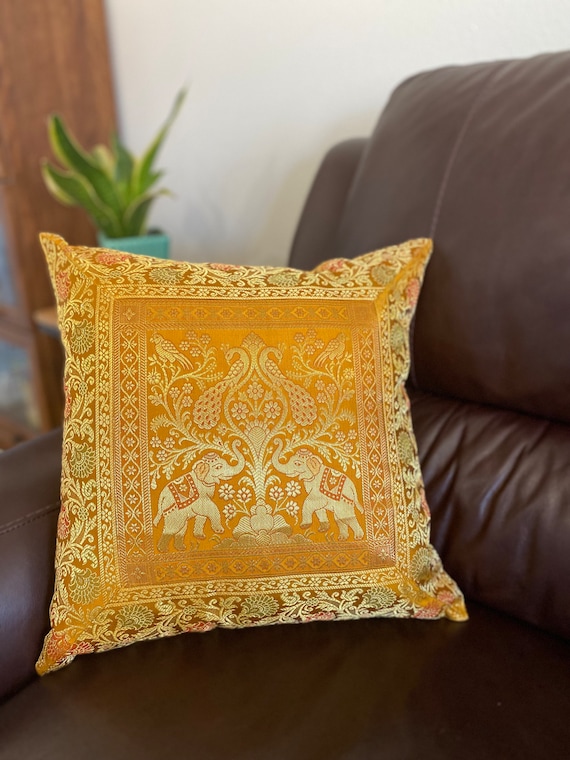 Federa patchwork in seta fatta a mano arazzo arancione copricuscino