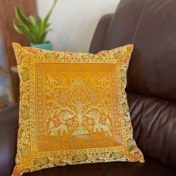 Pillow Cover Gold Pillow Cases Silk Cushion Cover Brocade Throw Pillow 17 Inch Cover 18 Inch Pillow Elephant Indian Decor Boho Gift Party