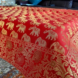 Red Table Cloth Square Table Cover Elephant Wall Tapestry 40 X 40 Inch Silk Puja Cloth Brocade Temple Cloth Indian Decor Wedding Boho Gift