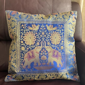 Decorative Pillow Cover Blue Pillow Silk Cushion Cover Brocade Throw Pillow Square 18 Inch Elephant Peacock Pillow Party Wedding Boho Gift