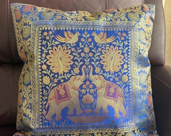 Elephant Brocade Pillow Cover, Blue Silk Cushion, Boho Decor (17 inch)